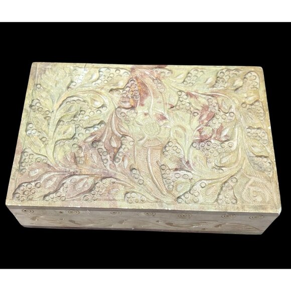 Hand Carved Floral Soap Tone Hinged Trinket Box - Picture 1 of 14